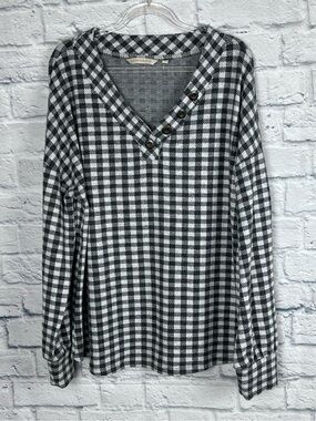 Soft Surroundings Buffalo Plaid Henley Top Medium Black White